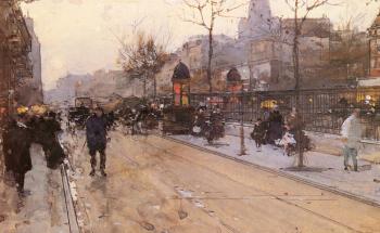 路易吉 洛瓦 A Parisian Street Scene with Sacre Coeur in the distance 路易吉 洛瓦 A Parisian Street Scene with Sacre Coeur in the distance